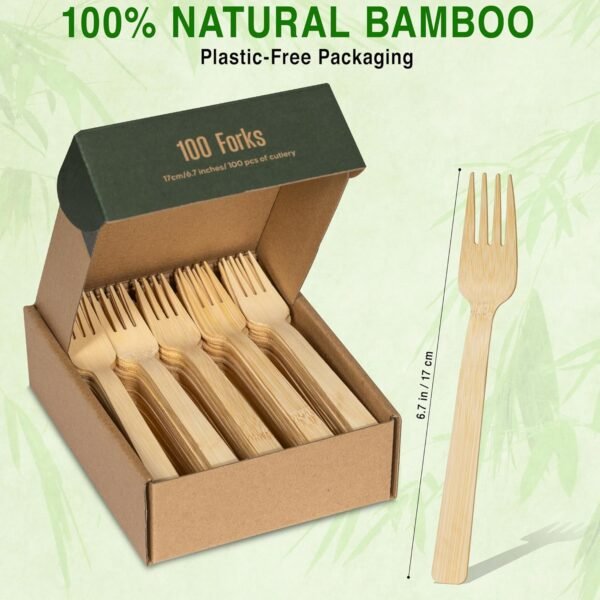 Disposable Bamboo Forks, 100-Count Set; BPA Free Splinter-Free Biodegradable & Ethically Sourced Compostable Cutlery Perfect for Appetizers and Cocktails - Bamboo Forks Disposable - Image 2