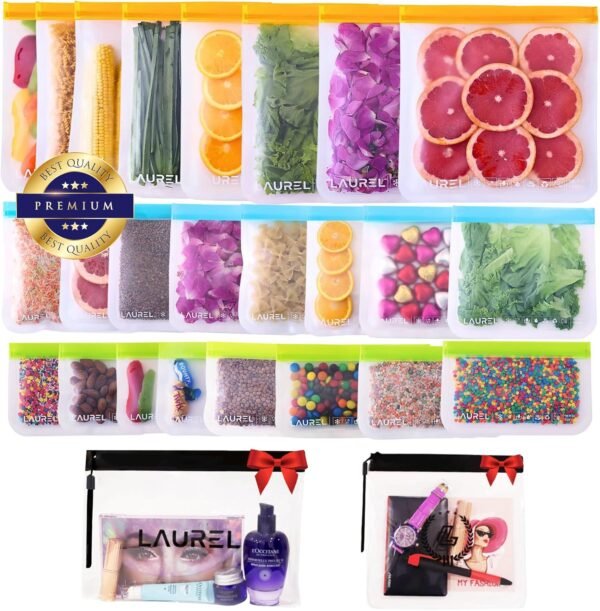 LAUREL Reusable Freezer Silicone Food Storage Bags -24 Pack+2 Gift, PEVA Silicone Bags for Food Storage, Reusable Plastic Free Ziplock Bags (8 Gallon Freezer Bags + 8 Sandwich Bags + 8 Snack Bags)