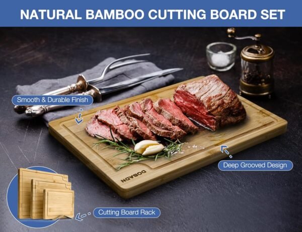 Bamboo Cutting Board Set for Kitchen,Set of 3 Chopping Boards with Juice Groove, Natural Wood Cutting Boards with Stainless Steel Holder, Cutting Board Set for Butcher Block, Cheese, Vegetables - Image 3