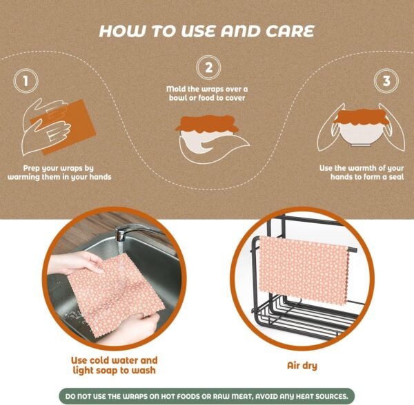 Akeeko Reusable Beeswax Food Wraps - Assorted 3 Packs, Reusable, Plastic-Free Food Storage, 1 Small, 1 Medium, 1 Large Wraps, Pale Pink and Light Blue Pattern - Image 6