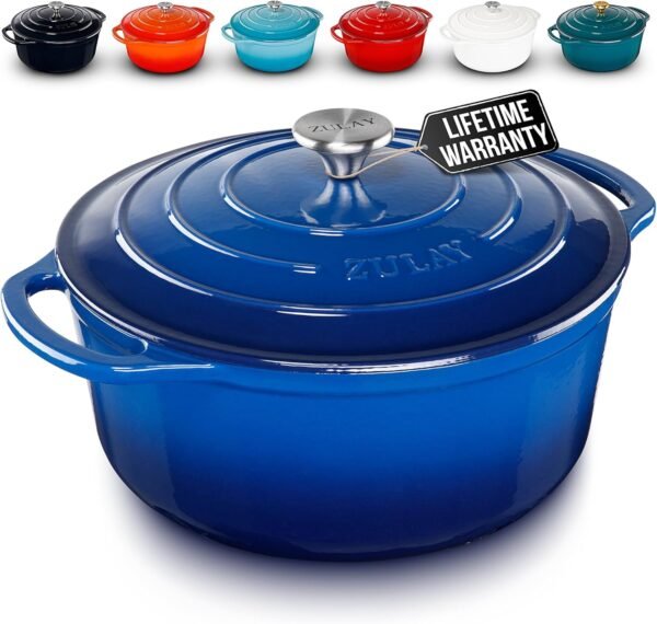 Zulay Kitchen 6 Quart Enameled Cast Iron Dutch Oven with Lid – Premium Durability & Oven Safe up to 500°F – Heavy Duty Cookware Perfect for Bread Baking, Stews, Braising & Roasting – Sapphire Blue