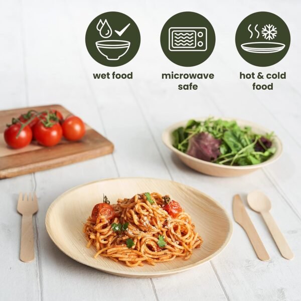 100 Pack Palm Leaf Plates Party Tableware for 20 Guests | 20 Round Plates 9" + 20 Bowls 16oz + 60 Wooden Bamboo Cutlery (Forks Spoons Knives) | Better than Disposable Bamboo Plates & Plastic - Image 3