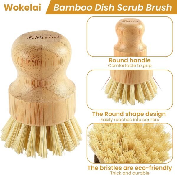 Bamboo Dish Scrub Brushes Set for Kitchen - Wooden Cleaning Scrubbers Brushes, Eco-Friendly Natural Dishes Washing Brush for Dishwashing Cast Iron Pots Pans Skillet Vegetables Sink, Set of 2 - Image 3