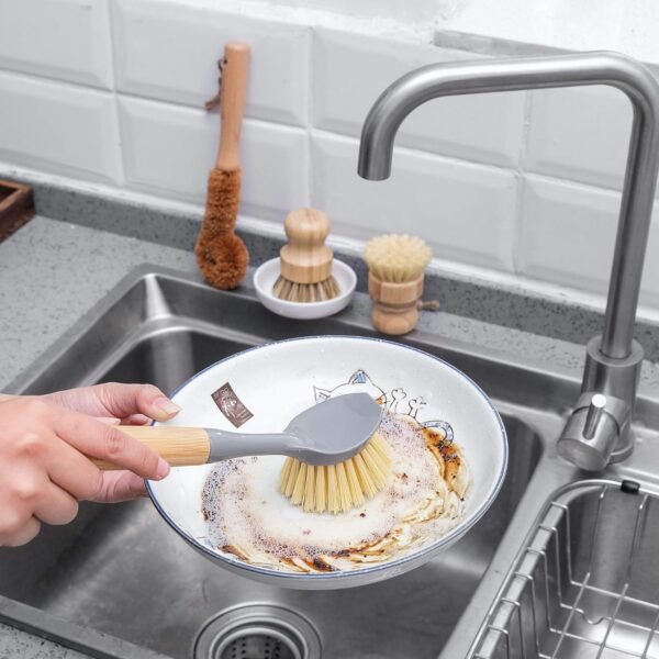 Natural Bamboo Dish Brush Bottle Scrub Brush 4-Piece Set, with Ceramic Soap Dispenser - Wooden Washing Up Brushes with Sturdy Handles for Cleaning Dishes, Pots, Pans, Gift Kit - Image 6