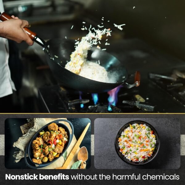Pre-Seasoned Cast Iron Wok | Nonstick Stir-Fry Pan | Wok with Dual Handles and 4 Spatulas | Flat Bottom Wok with Wooden Lid and Wood Handle | Uncoated Traditional Chinese Wok for Induction - Image 6