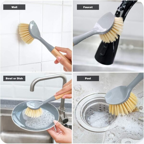 Natural Bamboo Dish Brush Bottle Scrub Brush 4-Piece Set, with Ceramic Soap Dispenser - Wooden Washing Up Brushes with Sturdy Handles for Cleaning Dishes, Pots, Pans, Gift Kit - Image 5