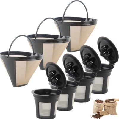 7 Pcs Reusable Coffee Filter Set includes 3 Pcs Cone Stainless Steel Coffee Filter and 4 Pcs Cup Type Coffee Filter for Machines and Brewers, 2 styles