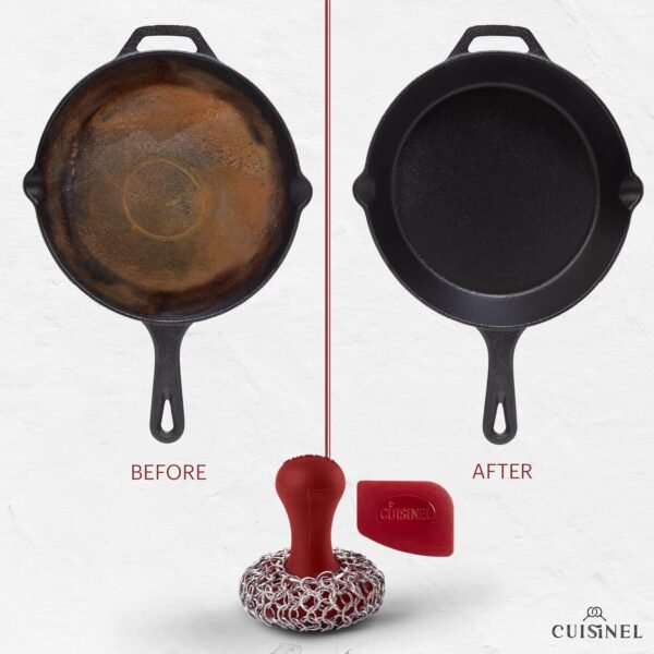 Cuisinel Cast Iron Chainmail Scrubber + Pan Scraper - The Patented Original Ergonomic Stainless & Silicone Pot & Skillet Cleaner - Premium Food-Safe Design - Easy Clean Dishwasher Safe Cookware Sponge - Image 2