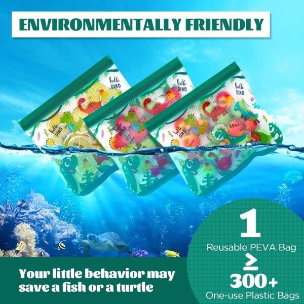 Rumia 12 Pack Reusable Food Storage Bags Dinosaur Silicone Sandwich Bags Snack Bags Leakproof Freezer Bags with Zipper Travel/Home Organization Waterproof Reusable Food Storage Bag - Image 5