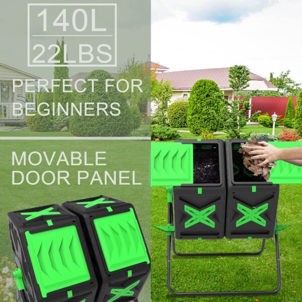 SQUEEZE master Large Dual Chamber Compost Bin Tumbler Outdoor Garden- Easy Rotating- Sturdy Steel Frame-Fast Composting (Green, 2 × 18.5 Gallon) - Image 6