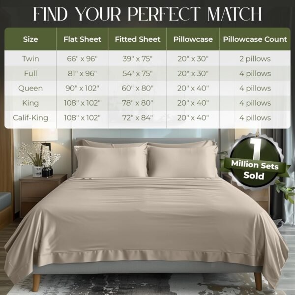 DECOLURE 100% Organic Viscose Derived from Bamboo Sheets King Size 6pcs - Ultra Soft & Luxuriously Cooling, 17" Deep Pocket, Double Stitching, Perfect for Hot Sleepers - King Bed Sheets (Taupe) - Image 6