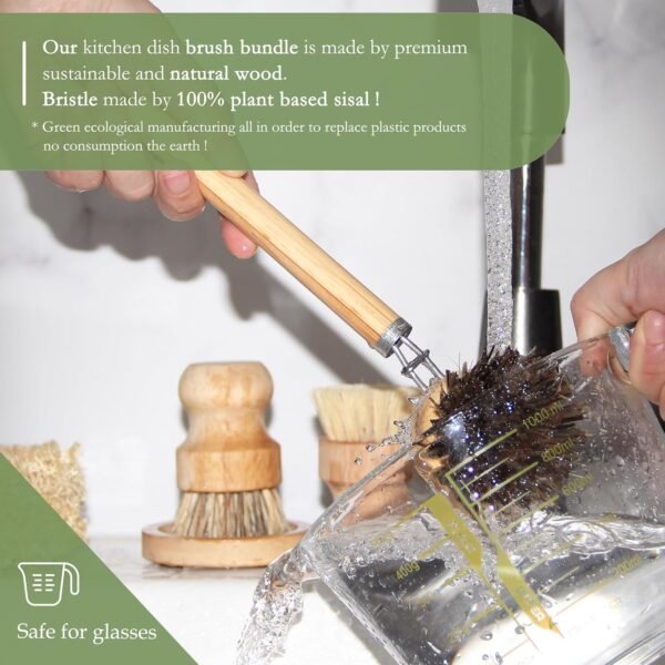 Dish Brush Set with Wooden Handle | Nautral & Bamboo Fibers Plastic Free | Pot Brush Scourer Scrubber ~ 5 Pcs Kitchen Dish Cleaning Tools - Makes Dish Cleaning Easy - Image 4