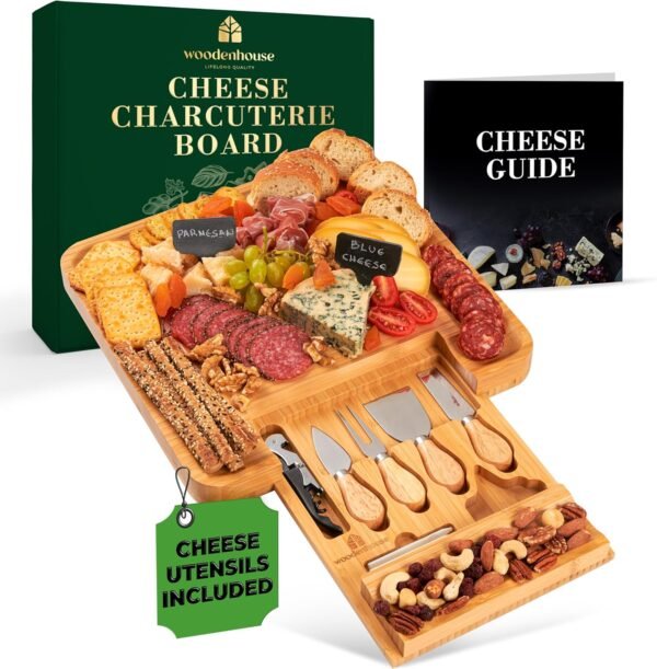 Charcuterie Board 13"x13", Bamboo Cheese Board, Cheese Platter – Meat and Cheese Tray Set with Cheese Utensils and Wine Opener Included