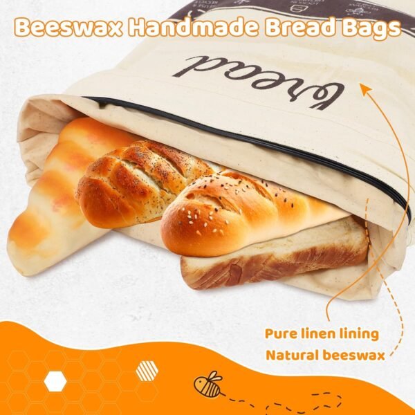 Bread Bags for Homemade Bread, 2 Pack XL Beeswax Bread Bags for Sourdough Reusable Bread Bags Sourdough Bread Bags Linen Bread Bag Bread Storage Bags Food Storage Bag(Brown 12.6"x17") - Image 3