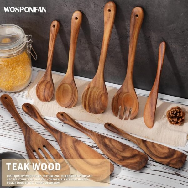 Wooden Spoons for Cooking, 9 PCS WOSPONFAN Kitchen Utensils Set, Wooden Utensils for Cooking - Wooden Spoons, Spatula Set, Slotted Spoon, Handmade Wooden Spoon Set - Image 4