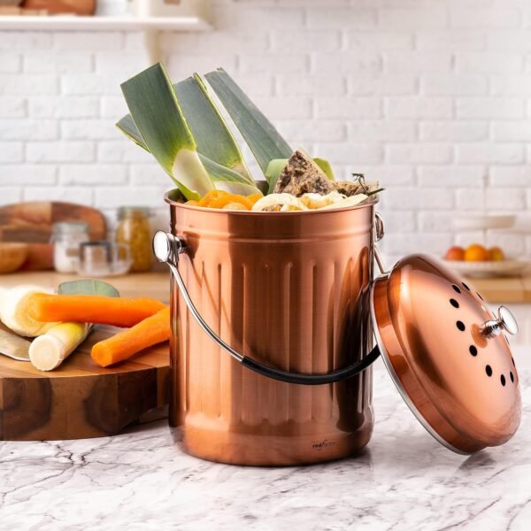 RED FACTOR Premium Compost Bin for Kitchen Countertop - Stainless Steel Food Waste Bucket with Innovative Dual Filter Technology - Includes Spare Filters (Matt Copper, 1.3 Gallon) - Image 3