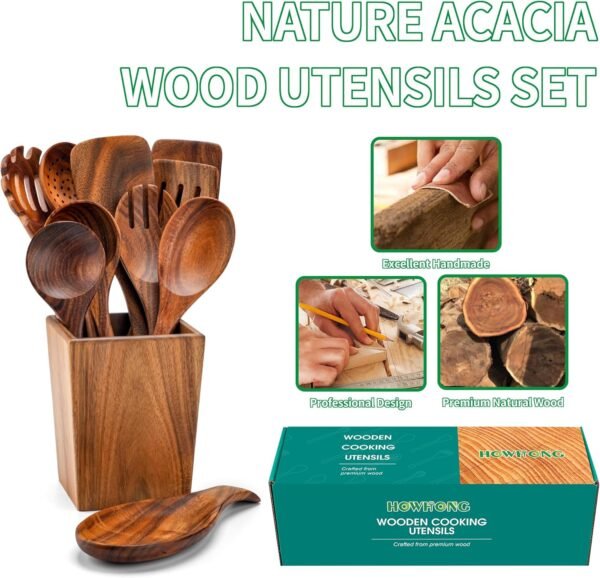 Wooden Spoons for Cooking, Acacia Wood Cooking Utensils Set – 11 Piece Wooden Kitchen Tools with Holder, Spoon Rest, Nonstick Cookware Safe by HOWHONG - Image 7