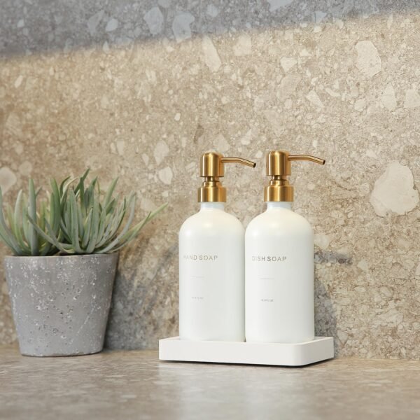 Gold Soap Dispenser Set, Glass Soap Dispenser with Gold Stainless Steel Pump, Perfect for Modern Kitchen Counter Decor. (Gold) - Image 6