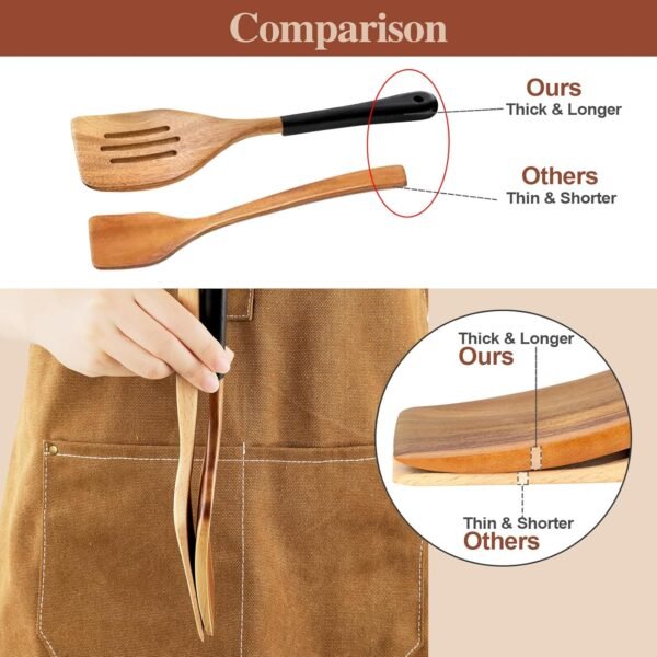 Wooden Spoons For Cooking, 6 PCS Natural Acacia Wooden Cooking Utensils or Non-Stick Wooden Kitchen Utensil Set for Kitchen Essentials, Smooth Grip Wooden Cooking Spoons with Hanging Hole, Black - Image 6