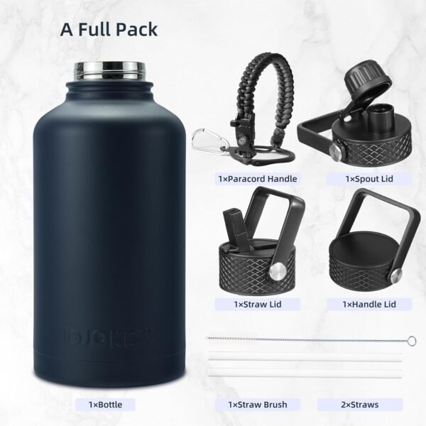 BJPKPK Half Gallon Insulated Water Bottles with Straw Lid,64oz Large ,Stainless Steel Water Bottles with 3 Lids and Paracord Handle for Hot & Cold Liquid, Navy Blue - Image 4