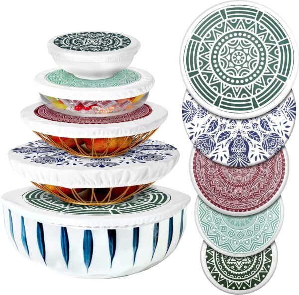 Patelai 10 Pieces Bowl Covers Reusable in 5 Size Stretch Cloth Fabric Bowl Covers Elastic Food Storage Covers Cotton Bread Bowl Covers Reusable Lids for Food, Fruits, Leftover (Rustic Style)