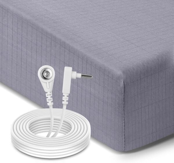 Grounding Sheets Queen, 90% Organic Cotton + 10% Pure Silver Fiber, Fitted Earth Sheets with 15 ft Grounding Cord, Queen Size 60"x 80"x 15", Gray