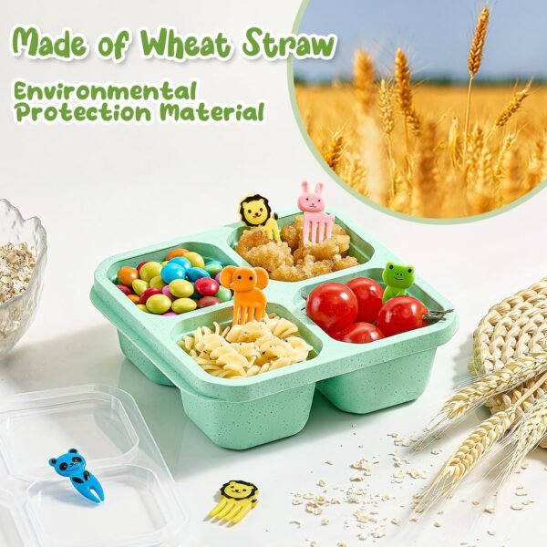 Bento Snack Boxes 4 Pack, Reusable Bento Boxes Kids Adults with 4 Compartments & Fork, Lunch Snack Containers, Wheat Straw Meal Prep Lunch Box, Divided Food Storage Containers for School Work Travel - Image 3