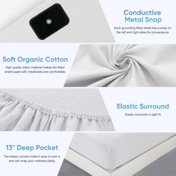 Grounding Sheets King Size, 95% Organic Cotton + 5% Pure Silver Fiber, Grounded Sheet Earth Connected Bedding (King - 77"x 80"x 13" White) Fitted Earth Sheets with Grounding Cord - Image 7