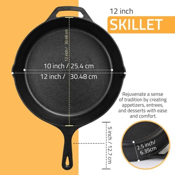 Utopia Kitchen Saute Fry Pan - Chefs Pan, Pre-Seasoned Cast Iron Skillet - Frying Pan 12 Inch - Safe Grill Cookware for Indoor & Outdoor Use - Cast Iron Pan (Black) - Image 2