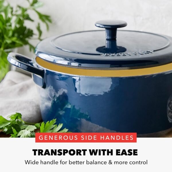 GreenPan x Bobby Flay 5.5QT Enameled Cast Iron Round Dutch Oven with Lid, Dual Handles, Oven Safe to 500F & Induction Suitable, Self Basting Lid, Ultra-Durable, Sear, Braising, Bread, Stews, Cobalt - Image 6