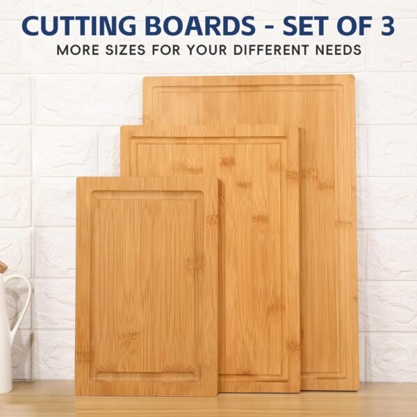 Hiware Wood Cutting Boards for Kitchen, Heavy Duty Bamboo Cutting Board with Juice Groove, Bamboo Chopping Board Set for Meat, Vegetables - Set of 3 - Image 2