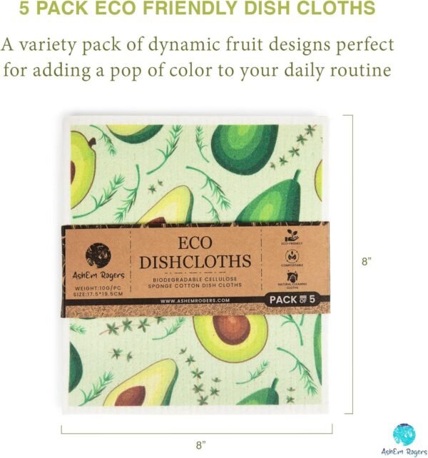 5 Pack Natural Highly Absorbent Eco Friendly Sustainable Biodegradable Swedish Dishcloth Sponge Reusable Paper Towels. Assorted Fruit Designs are NOT Edible! - Image 4