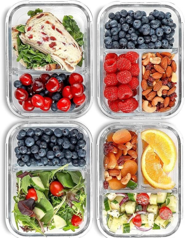 FIT Strong & Healthy 2 & 3 Compartment Glass Meal Prep Containers (4 Pack, 32 oz) - Food Storage Containers with Lids, Bento Box , Portion Control, Airtight, Oven & Freezer safe