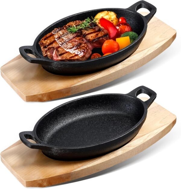 Mifoci 2 Sets Cast Iron Skillet with Wooden Base Mini Cast Iron Fajita Plates Cast Iron Baker's Skillet Matte Black Small Cast Iron Pan for Kitchen Restaurant Barbecue Dinner (8.5 x 6.1 x 1.7 Inches)