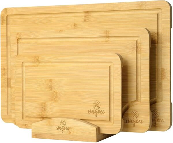 Bamboo Cutting Board Set for Kitchen - Cutting Board Set of 3 with Groove and Cutting Board Rack, Easy to Clean, Ideal for Bamboo Chopping Board Set for White Elephant Gift, House Warming Gift