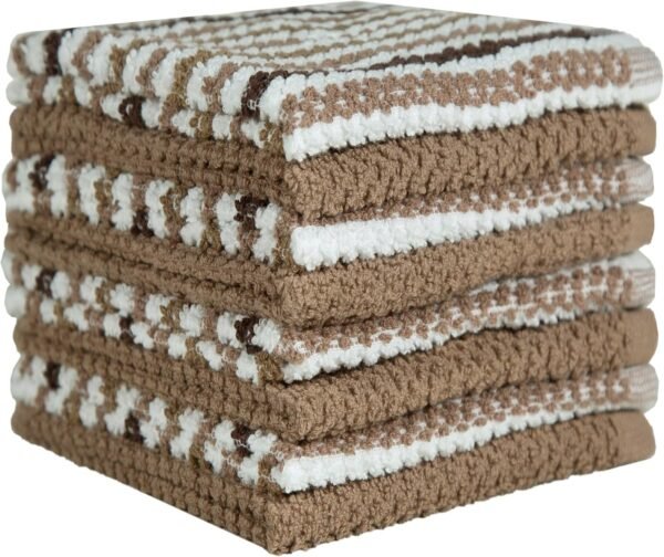 Bumble Premium Dish Cloths Towel 12"x12" | 100% Natural Ring Spun Cotton Tea Towel Set | 430 GSM | Highly Absorbent & Soft Dish Towels | 8 Pack - 4 Popcorn Wide Striped & 4 Solid Kitchen Towels - Tan