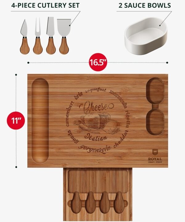 ROYAL CRAFT WOOD Bamboo Charcuterie Boards - Cheese Board Set with 2 Sauce Bowls, 4 Knives - Unique Charcuterie Board & Serving Tray - House Warming Gifts New Home Gifts - Image 3