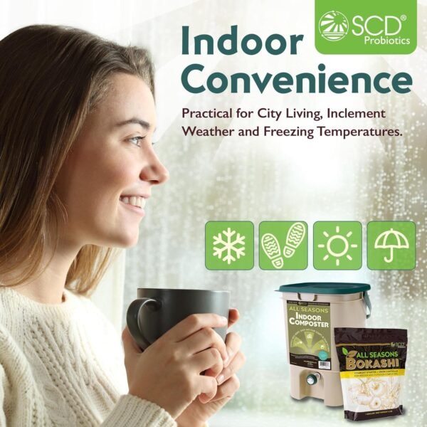 All Seasons Indoor Composter Starter Kit – 5 Gallon Tan Compost Bin For Kitchen Countertop With Lid, Spigot & 1 Gallon (2 lbs.) Bag Of Dry Bokashi Bran – by SCD Probiotics - Image 3
