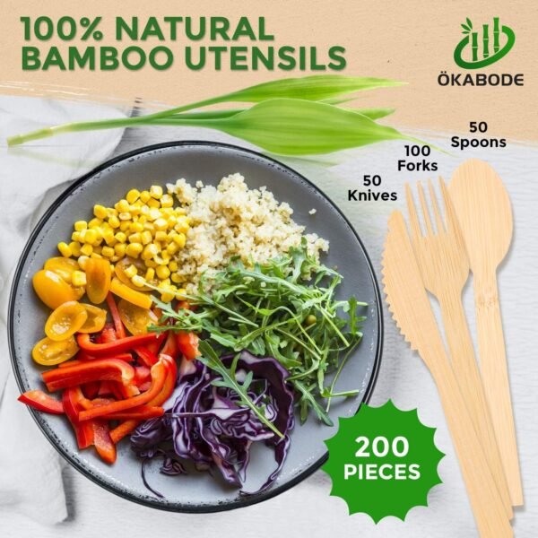 Disposable Bamboo Utensils, 200 Pack | 100% Bamboo Cutlery NOT Wooden Cutlery | Eco-Friendly Compostable Cutlery | 100% Biodegradable Utensils | 100 Bamboo forks, 50 Knives, 50 Spoons… - Image 3