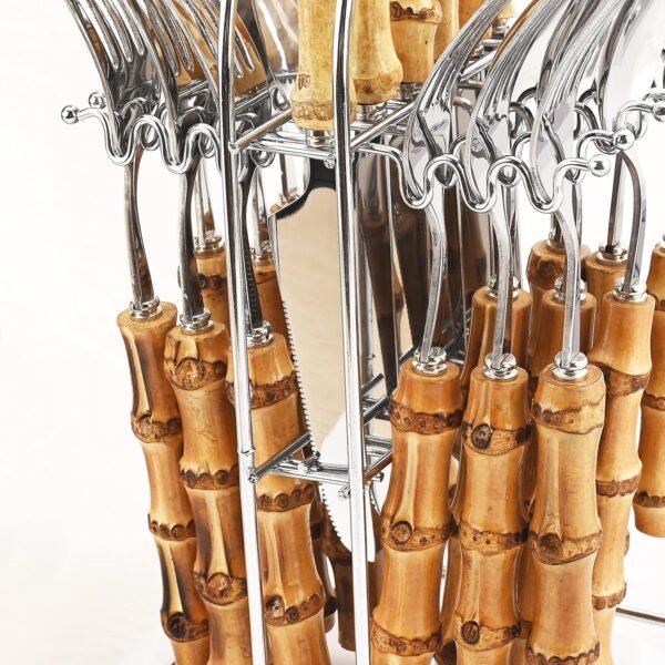 24-Piece Bamboo Flatware Set, Silver Stainless Steel Tableware Set With Cutlery Holder, Kitchen Utensils For Home And Restaurant Daily Use, Mirror Polish, Service For 6 - Image 5
