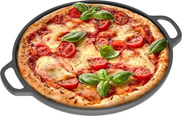 Chef Pomodoro Cast Iron Pizza Pan, Pre-Seasoned 12 inch Cast Iron Skillet with Handles, Dosa Pan for Dosa Tawa Roti, Crepe Pan, Comal for Tortillas, Baking Stove, Oven, Grill BBQ and Campfire