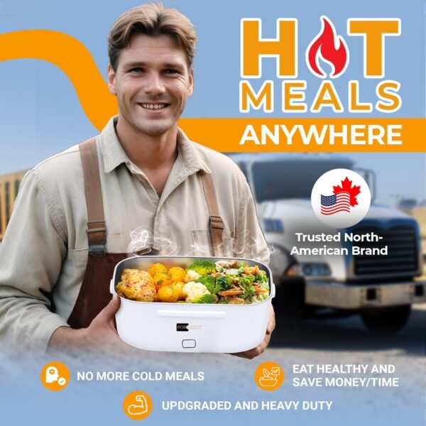 FORABEST Upgraded Electric Lunch Box for Adults, Durable Leakproof Design with Power Button & Large Utensils, 80W Fast Heated Lunch Box, 12/24/110/220V Portable Food Warmer with Premium Carry Bag - Image 2