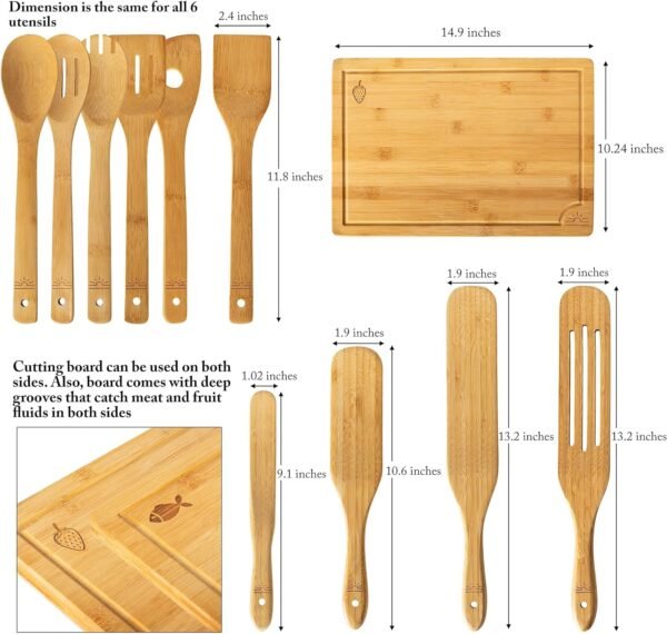 Bamboo Kitchen Utensils and Wooden Spurtle Set with Bamboo Cutting Board! 11pc Gift Pack. 1x Wood Chopping Board, 4x Bamboo Spurtles, 6x Bamboo Utensils Set. 15x10" Large Cutting Board Set SOL LIBRA - Image 3