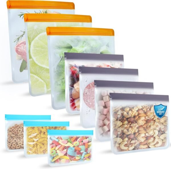 10 Pack Reusable Ziplock Bags Silicone - BPA Free, Leakproof Reusable Food Storage Freezer Bags, Dishwasher Safe, 3 Gallon, 4 Sandwich, 3 Snack Bags for Lunch, Marinate & Food Travel