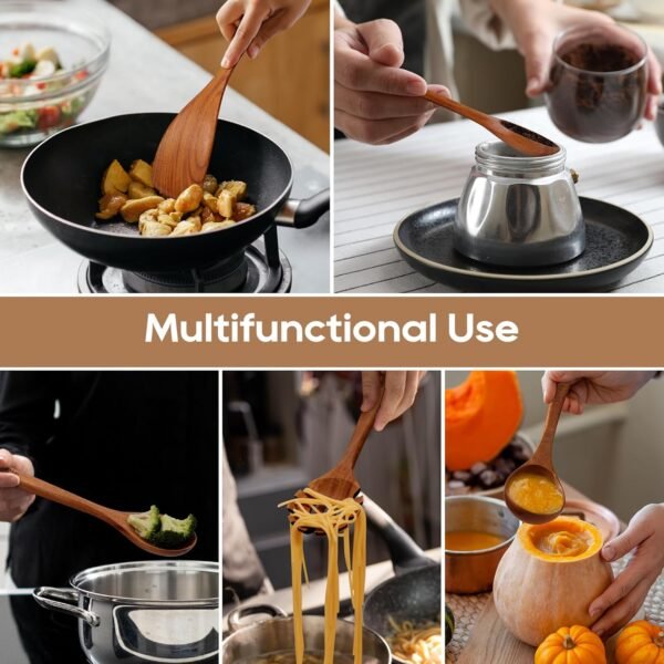 Wooden Spoons for Cooking, Nonstick Kitchen Utensils Set with 4 Piece Measuring Spoons, Comfort Grip Wooden Spatula Set, 9 Piece Teak Wooden Cooking Utensils with Holder and Spoon Rest - Image 8
