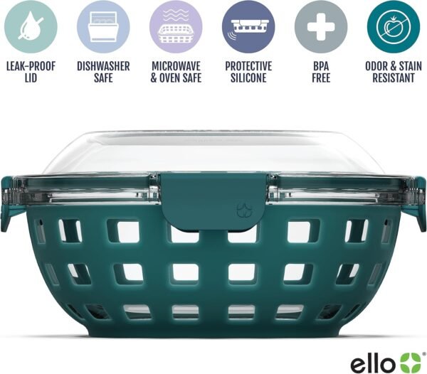 Ello Duraglass Meal Prep Lunch Bowl Container, 5 cup- Glass Food Storage Container with Silicone Sleeve and Airtight BPA-Free Plastic Lid, Dishwasher, Microwave, and Freezer Safe - Image 2