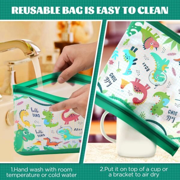 Rumia 12 Pack Reusable Food Storage Bags Dinosaur Silicone Sandwich Bags Snack Bags Leakproof Freezer Bags with Zipper Travel/Home Organization Waterproof Reusable Food Storage Bag - Image 6