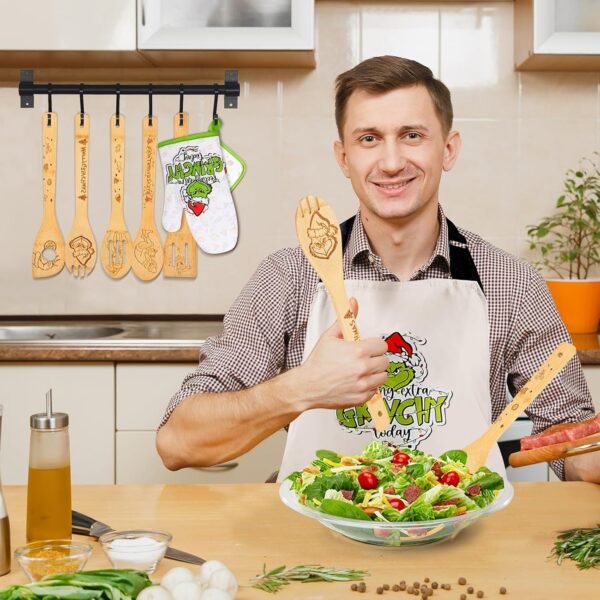 8-Piece Bamboo Christmas Kitchen Utensil Set - Green Monster Design Cooking Spoons, Apron, Oven Mitt & Pot Holder - Christmas Gift for Women, Wife, Mom, and Grandma - Image 4