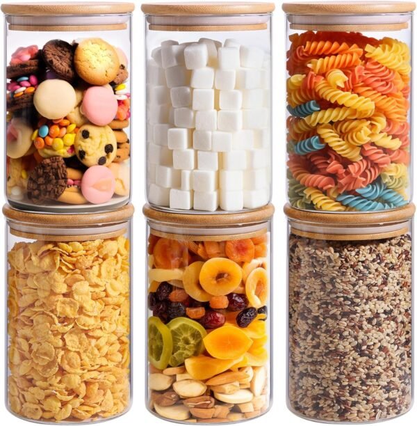 ComSaf 32oz Glass Storage Containers with Lids, Glass Jars with Lids, Clear Food Storage Jar, Round Glass Canister Set of 6, Pantry Organizers and Storage for Cookie Pasta Flour Rice Tea Coffee Bean