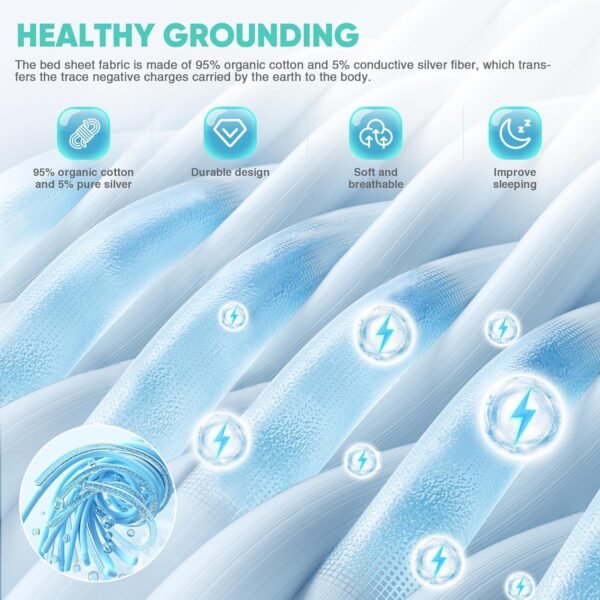 AsmrCap Grounding Sheets Queen, 95% Organic Cotton+ 5% Pure Silver Fiber, Grounded Sheets with Grounding Cord, Bed Grounding Kit for Healthy Sleep Therapy [Queen-60"x 80"x 15" White] - Image 3